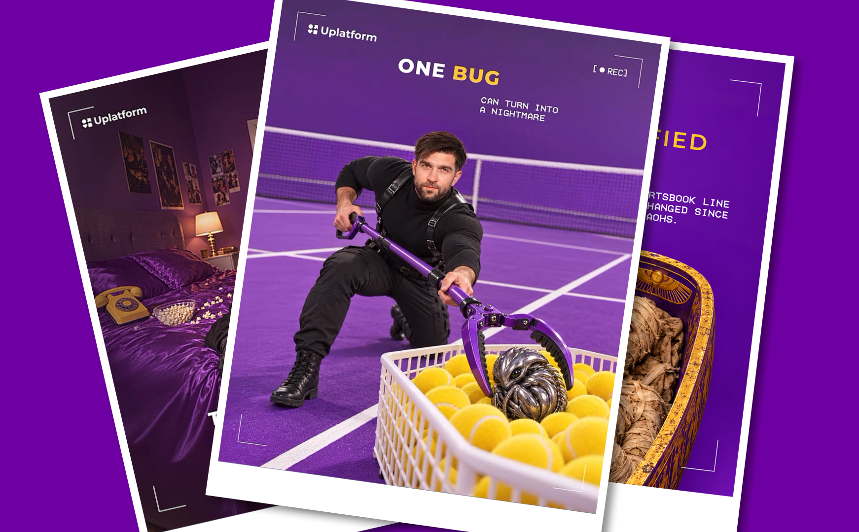 Uplatform Halloween campaign poster “Uplatform Halloween campaign poster “Things get scary when your biggest provider goes dark” with a masked figure dragged off a purple bed