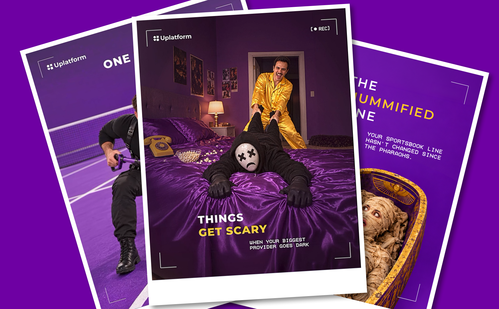 Uplatform Halloween campaign poster “Uplatform Halloween campaign poster “Things get scary when your biggest provider goes dark” with a masked figure dragged off a purple bed