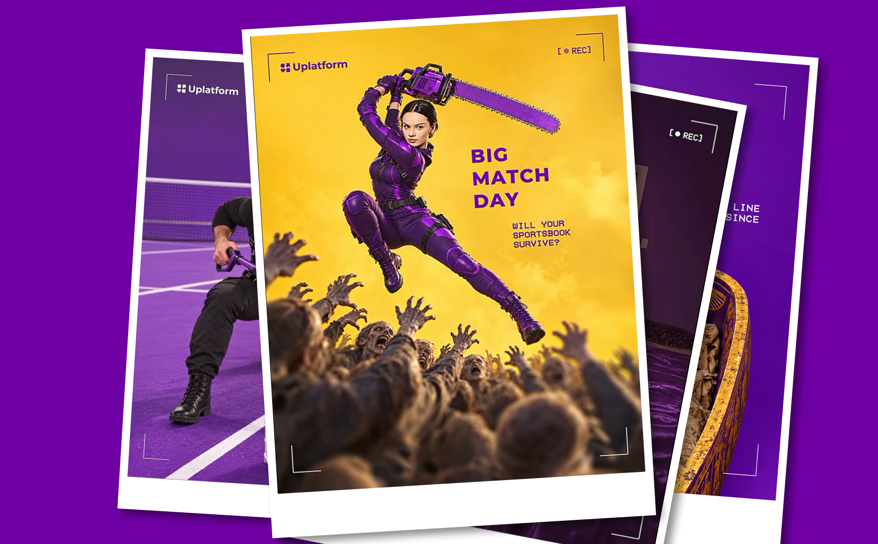 Uplatform Halloween campaign poster “Big Match Day: Will your sportsbook survive?” with a heroine fighting off a zombie crowd